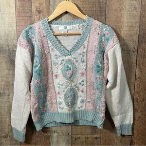 Vintage 90s Ramie Floral Sweater Pastel Cottagecore Coquette Small Girly Grandma
